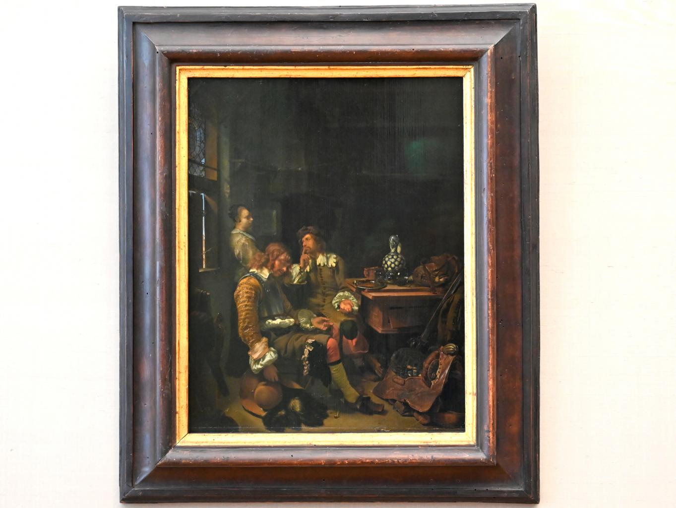 Frans van Mieris der Ältere (1657–1678), Der schlafende Offizier im Gasthaus, München, Alte Pinakothek, Obergeschoss Kabinett 22, um 1666