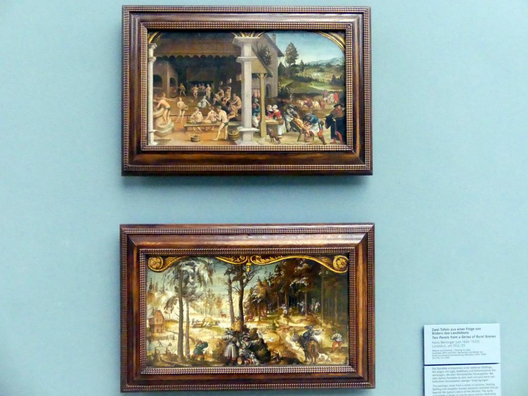 Hans Wertinger (1515–1526), Zwei Tafeln aus einer Folge von Bildern des Landlebens: Fuchs- und Hirschjagd im Winter, Nürnberg, Germanisches Nationalmuseum, Saal 113, um 1516–1525