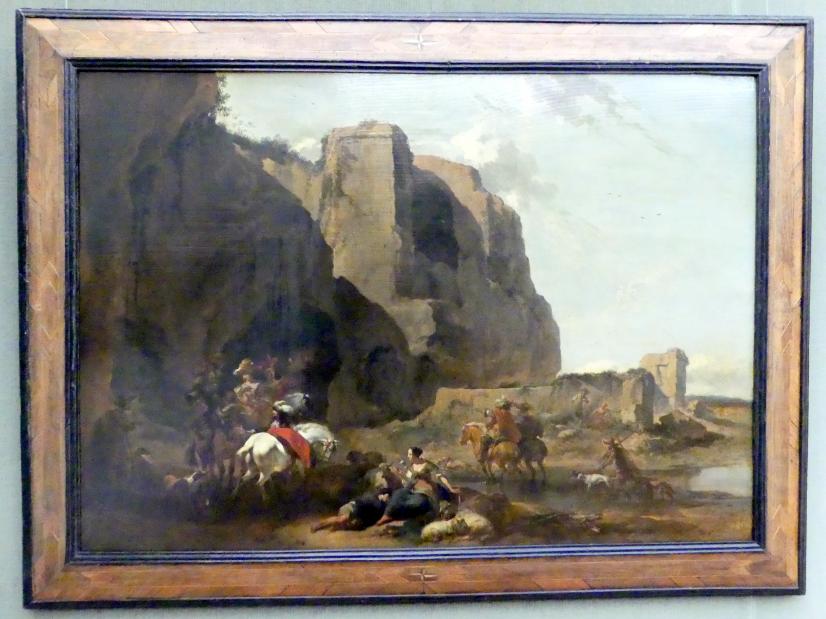 Nicolaes Berchem (1646–1675), Rückkehr von der Falkenjagd, Berlin, Gemäldegalerie ("Berliner Wunder"), Kabinett 15, um 1670