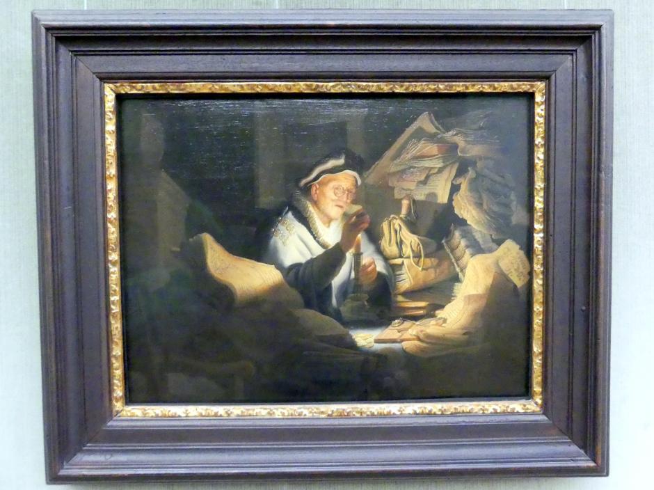 Rembrandt (Rembrandt Harmenszoon van Rijn) (1627–1669), Das Gleichnis vom reichen Kornbauern (Der Geldwechsler), Berlin, Gemäldegalerie ("Berliner Wunder"), Kabinett 16, 1627