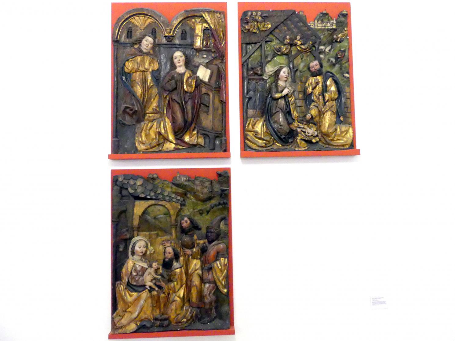 Verkündigung, Geburt Christi, Anbetung der Könige, Tod Mariens, Linz, Oberösterreichisches Landesmuseum, Die Zeit der Schnitzaltäre, um 1500