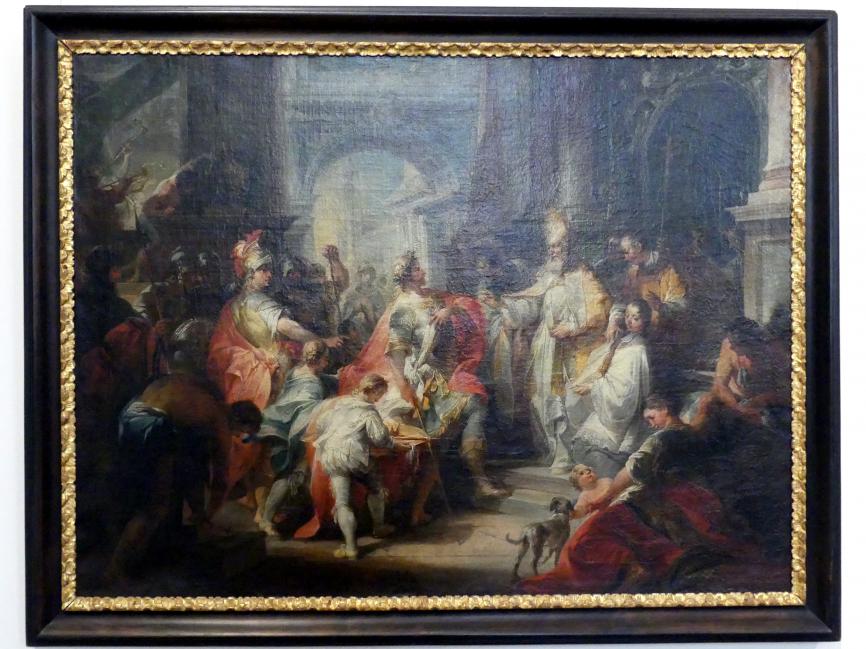 Johann Wolfgang Baumgartner (1739–1758), Der heilige Ambrosius verwehrt Kaiser Theodosius den Eintritt in den Mailänder Dom, Wien, Museum Oberes Belvedere, Saal 15, um 1750, Bild 1/2