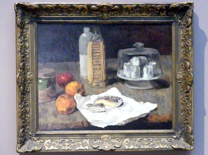 Carl Schuch (1876–1890), Stillleben mit Käse, Äpfeln und Flaschen, Stuttgart, Staatsgalerie, Europäische Malerei und Skulptur 3, um 1882–1884
