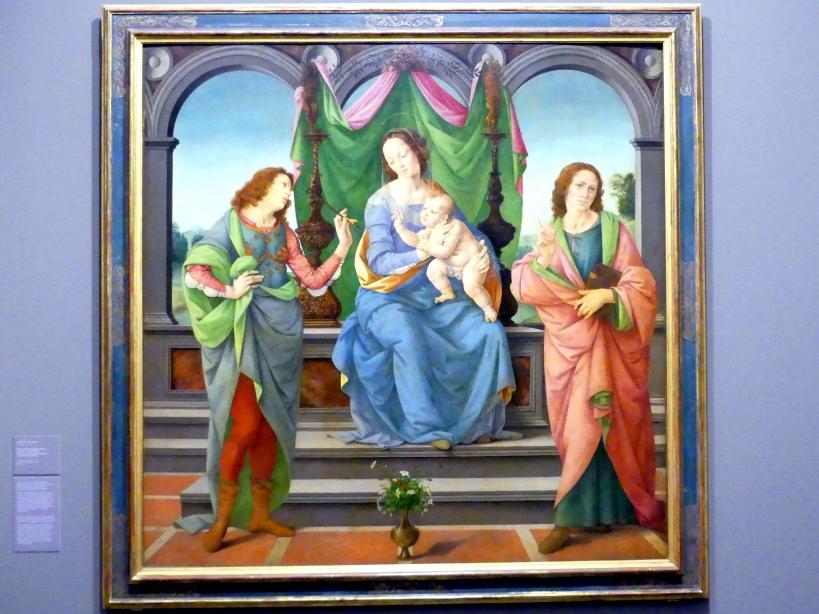 Lorenzo di Credi (1480–1520), Maria mit Kind, dem heiligen Sebastian und Johannes dem Evangelisten, Dresden, Gemäldegalerie Alte Meister, EG: Altäre und Andachtsbilder, Undatiert