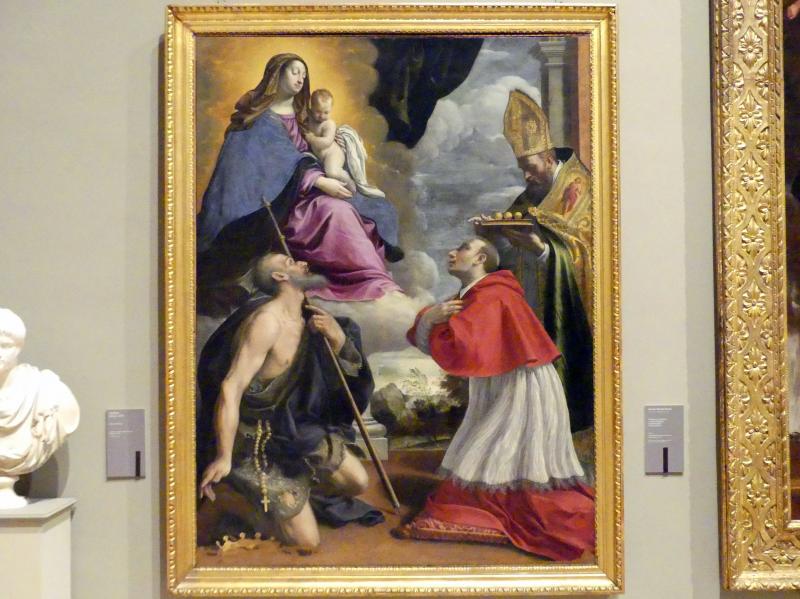 Giovan Battista Pesari (1635), Maria mit Kind und den hll. Pellegrino, Karl Borromäus und Nikolaus von Myra, Modena, Galleria Estense, Saal 18, um 1635