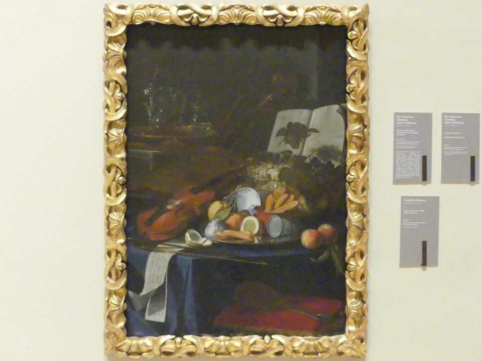 Cristoforo Munari (1706), Stillleben mit Violine, Früchten und Brille, Modena, Galleria Estense, Saal 19, um 1706, Bild 1/2