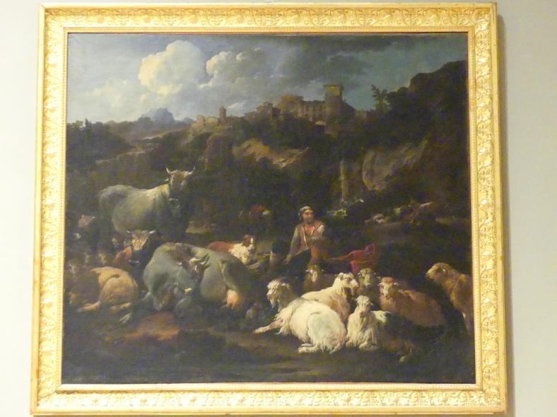 Philipp Peter Roos (Rosa da Tivoli) (1690–1700), Hirte mit Herde und Blick auf Tivoli, Modena, Galleria Estense, Saal 20, Ende 17. Jhd., Bild 1/2