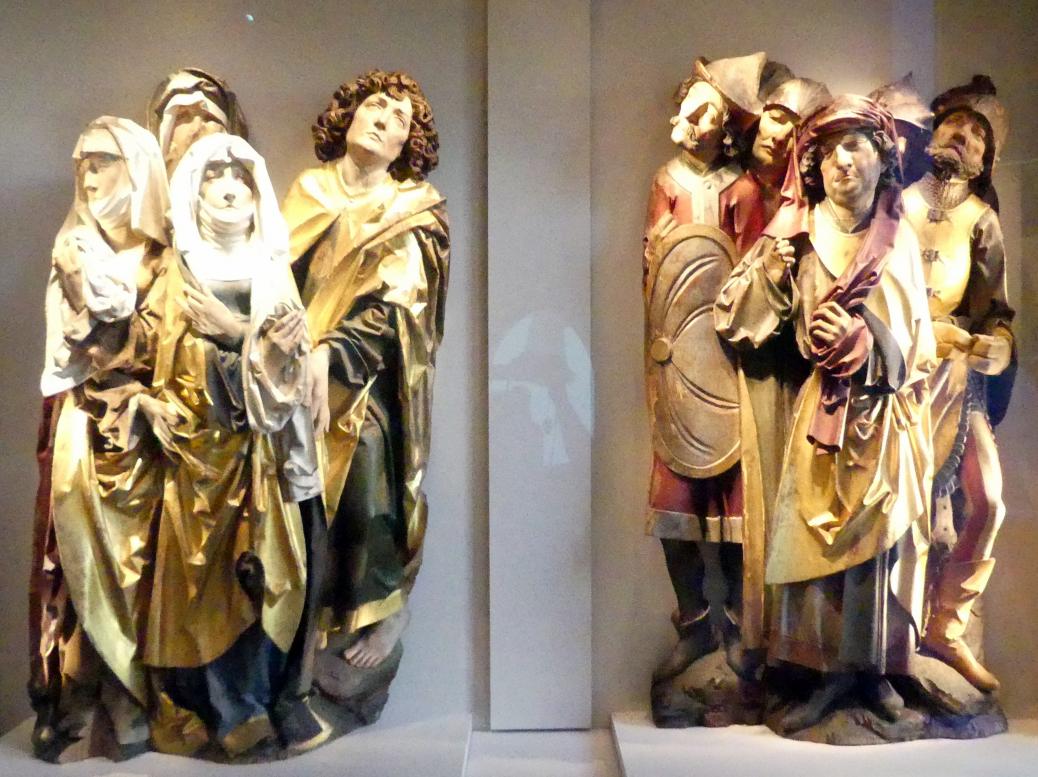 Tilman Riemenschneider (1487–1523), Zwei Gruppen aus einer Kreuzigung Christi, Rothenburg ob der Tauber, ehem. Franziskanerkloster, ehem. Klosterkirche, jetzt München, Bayerisches Nationalmuseum, Saal 16, um 1490