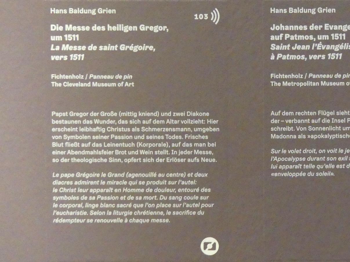 Hans Baldung Grien (1500–1544), Die Messe des heiligen Gregor, Karlsruhe, Staatliche Kunsthalle, Ausstellung "Hans Baldung Grien, heilig | unheilig", Saal 2, um 1511