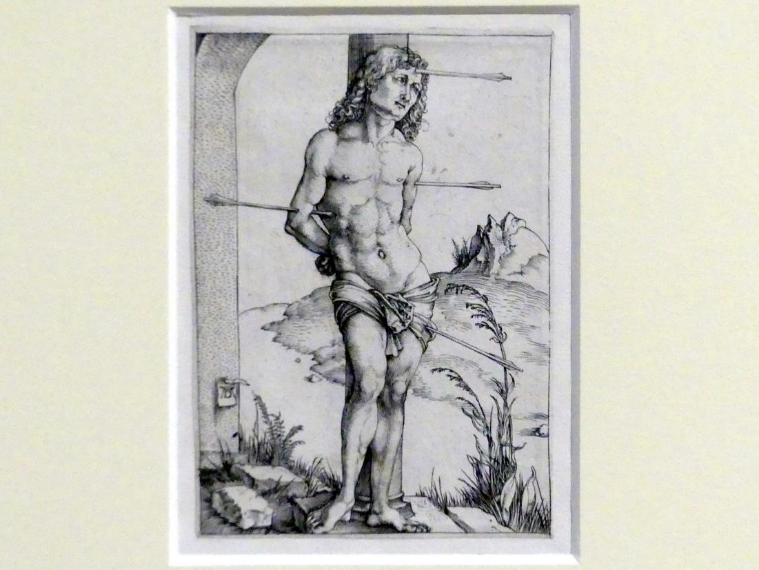 Albrecht Dürer (1490–1526), Der heilige Sebastian an der Säule, Karlsruhe, Staatliche Kunsthalle, Ausstellung "Hans Baldung Grien, heilig | unheilig", Saal 10, um 1499