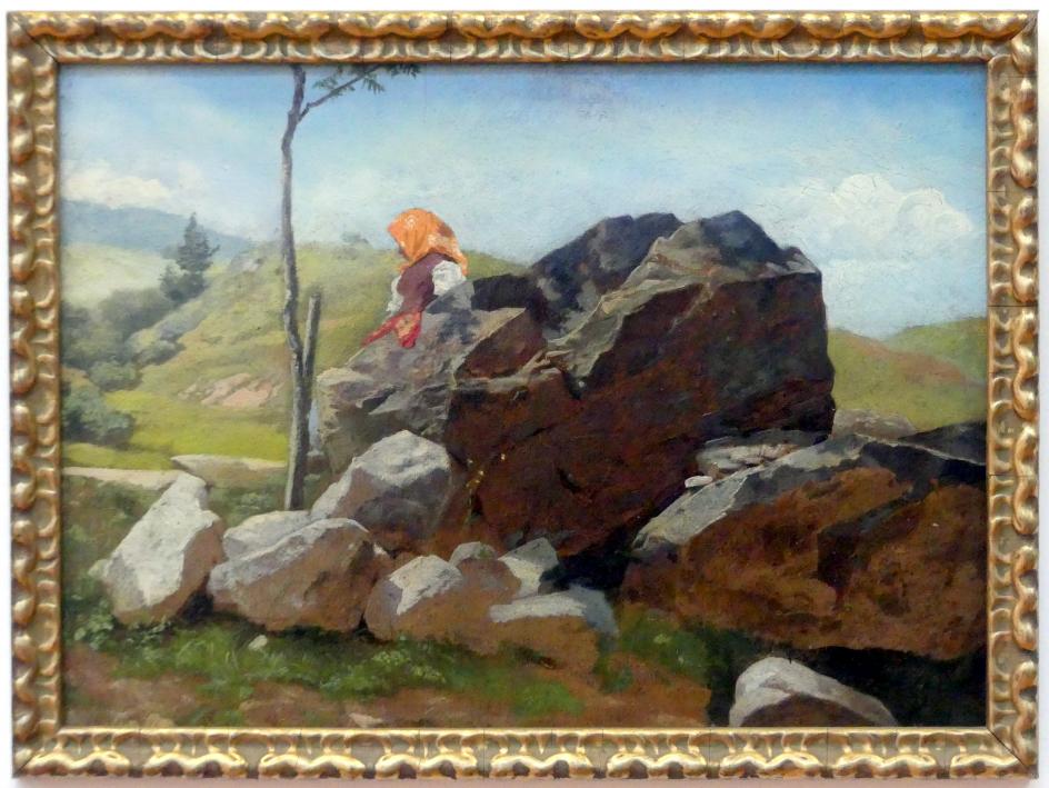 Hans Thoma (1860–1912), Felsblöcke mit sitzendem Bauernmädchen, Karlsruhe, Staatliche Kunsthalle, Kosmos Thoma, Undatiert
