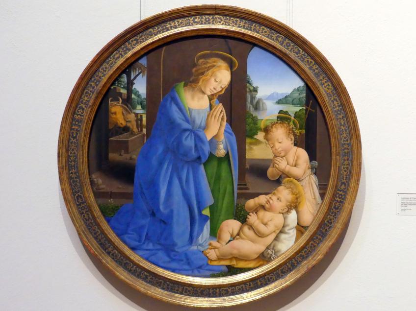 Lorenzo di Credi (1480–1520), Maria, das Kind anbetend mit dem Johannesknaben, Karlsruhe, Staatliche Kunsthalle, Saal 19, um 1480
