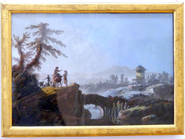 Jean-Baptiste Pillement (1782), Bergige Landschaft mit einem überbrückten Wasserlauf und Hirten, Karlsruhe, Staatliche Kunsthalle, Saal 38, 1782