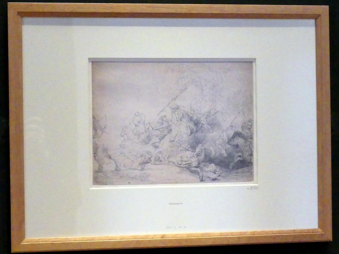 Rembrandt (Rembrandt Harmenszoon van Rijn) (1627–1669), Die große Löwenjagd, Potsdam, Museum Barberini, Ausstellung "Rembrandts Orient" vom 13.03.-27.06.2021, Saal A5a, 1641