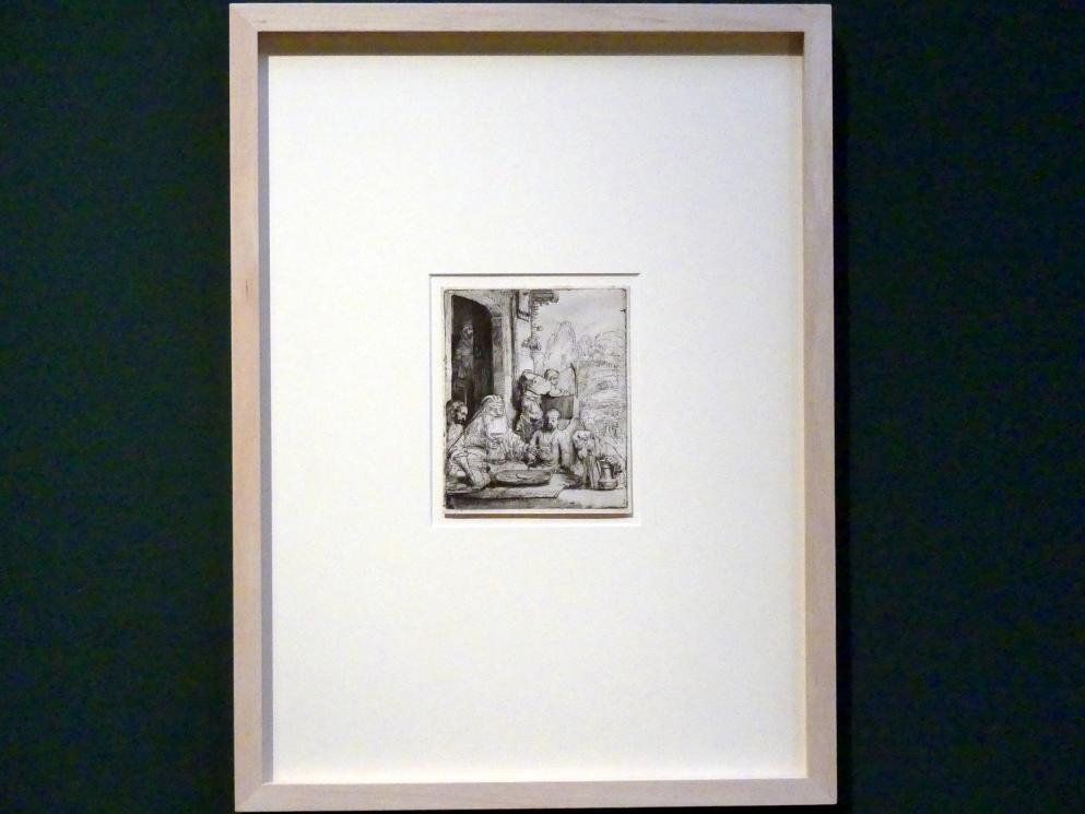 Rembrandt (Rembrandt Harmenszoon van Rijn) (1627–1669), Abraham, die Engel bewirtend, Potsdam, Museum Barberini, Ausstellung "Rembrandts Orient" vom 13.03.-27.06.2021, Saal B5, 1656