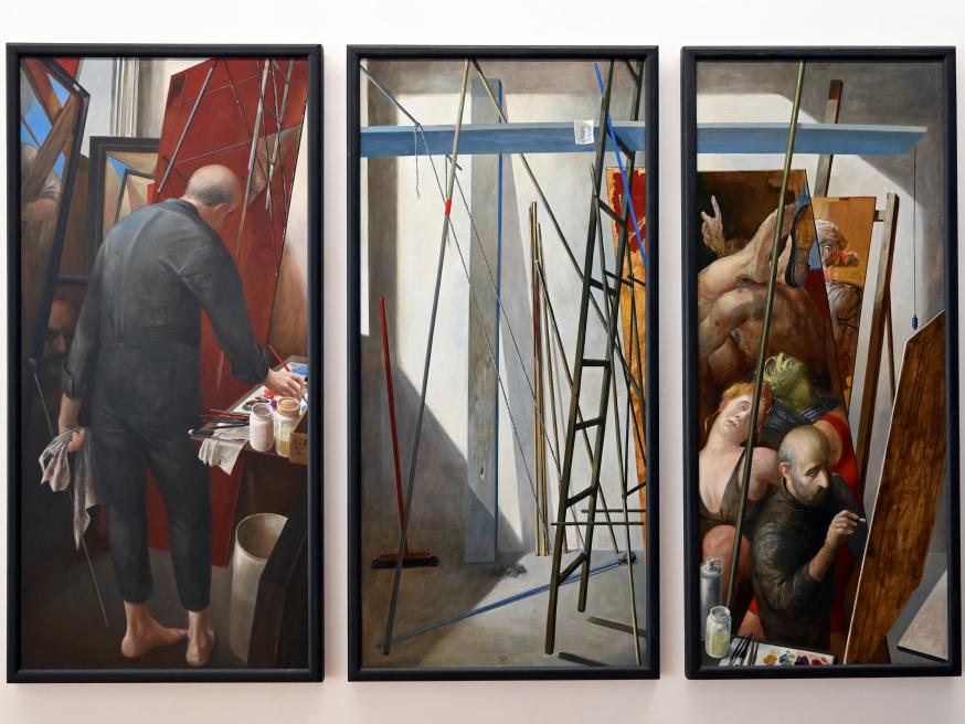 Volker Stelzmann (1988), Werkstatt (Triptychon), Schwäbisch Hall, Kunsthalle Würth, Ausstellung "Das Musée d'Art moderne de la Ville de Paris zu Gast in der Kunsthalle Würth" vom 15.04.-15.09.2019, 1988–1989