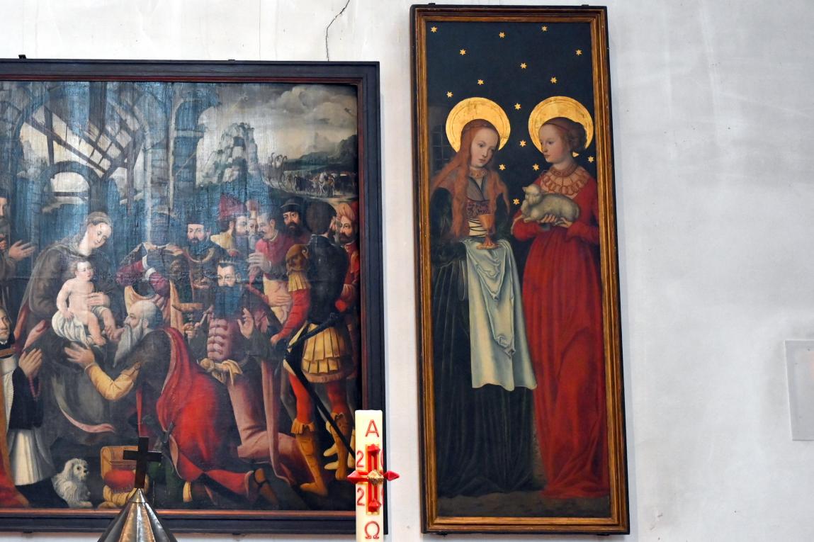 Lucas Cranach der Ältere (Werkstatt) (1515–1550), Altarflügel mit der hl. Barbara und der hl. Agnes, Aschaffenburg, Stiftskirche St. Peter und Alexander, Undatiert