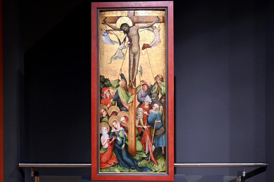 Meister des Obersteiner Altars (1410–1415), Volkreiche Kreuzigung Christi, Darmstadt, Hessisches Landesmuseum, Saal 15, um 1410