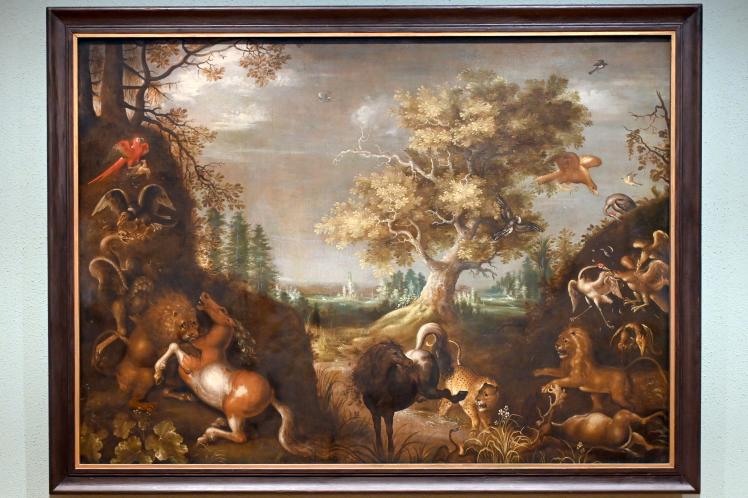 Roelant Savery (1602–1634), Waldlandschaft mit kämpfenden Tieren, Wiesbaden, Museum Wiesbaden, Das Goldene Zeitalter, um 1620, Bild 1/3