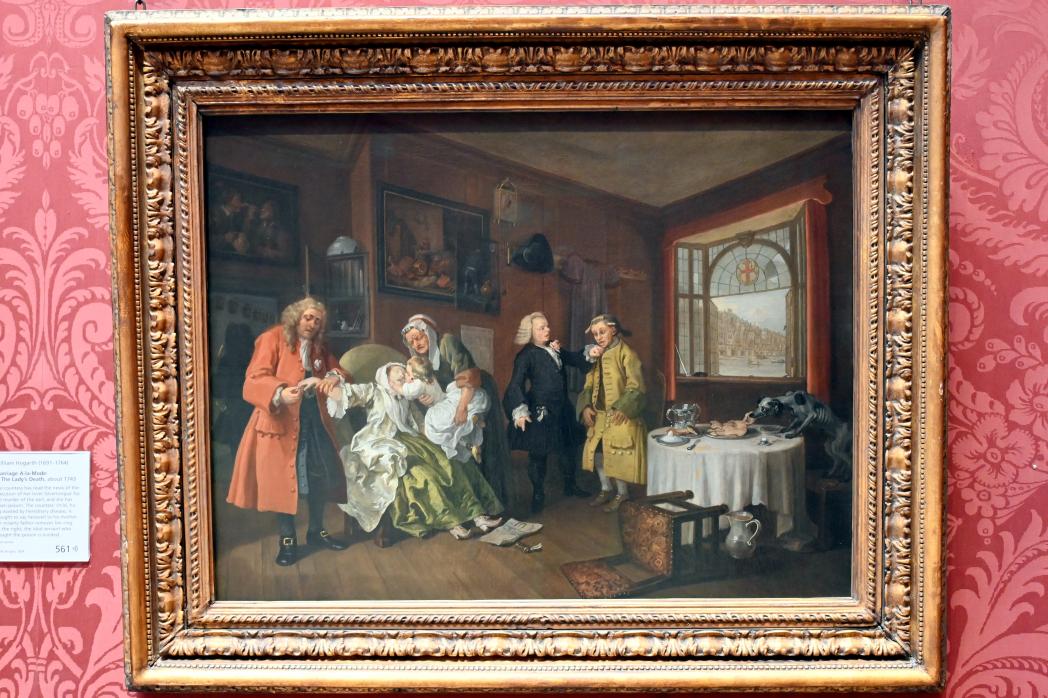 William Hogarth (1733–1743), Gemäldezyklus "Mariage à la Mode", Szene 6: Selbstmord der Comtesse, London, National Gallery, Saal 35, um 1743