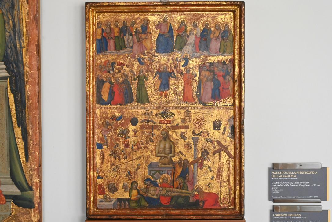 Maestro della Madonna della Misericordia (1362–1375), Jüngstes Gericht, Schmerzensmann mit den Passionswerkzeugen, Beweinung Christi, Bologna, Pinacoteca Nazionale, Saal 3, 1360–1365