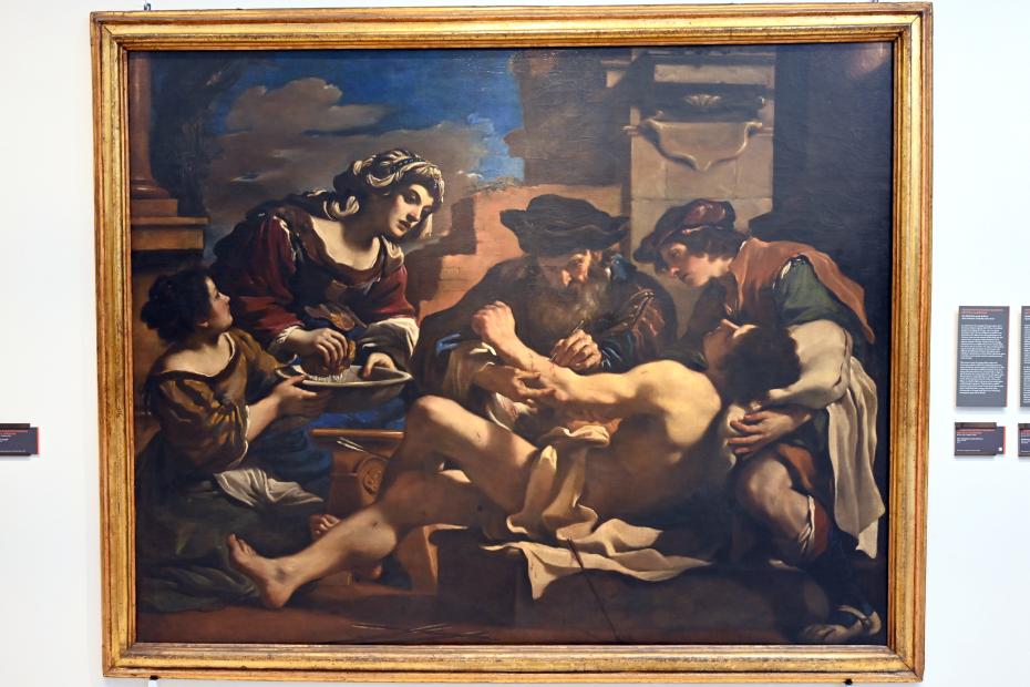 Giovanni Francesco Barbieri (Il Guercino) (1612–1659), Pflege des hl. Sebastian durch Irene und Begleiter, Bologna, Pinacoteca Nazionale, Saal 30, 1619