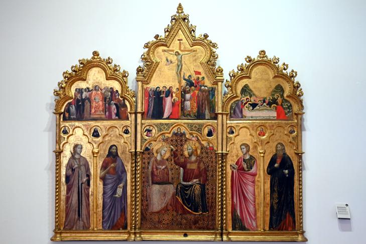 Giuliano da Rimini (1320–1325), Polyptychon mit der Marienkrönung, vier Heiligen und Passionsszenen, Rimini, Stadtmuseum, Obergeschoss Saal 1, um 1320