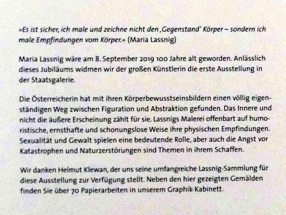Stuttgart, Staatsgalerie, Ausstellung "Maria Lassnig - Die Sammlung Klewan" vom 14.03.-28.07.2019, Bild 3/4