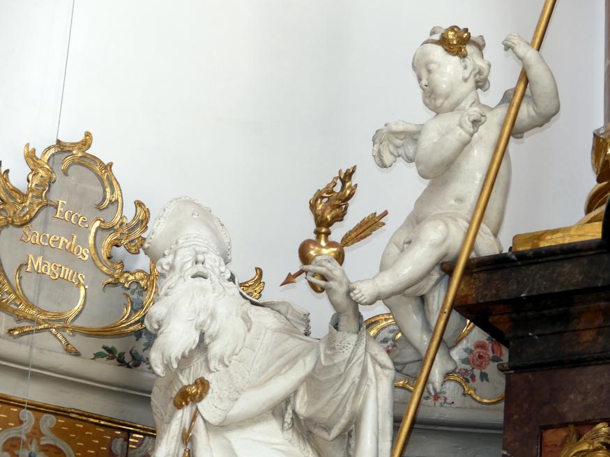 Ignaz Günther (1751–1775), Statue des heiligen Augustinus am Hochaltar, Neustift (Freising), ehem. Prämonstratenserklosterkirche, jetzt Pfarrkirche St. Peter und Paul, 1765, Bild 3/6