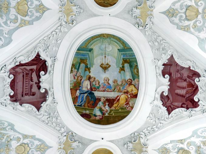 Johann Baptist Zimmermann (1701–1757), Fresken unter der Orgelempore und im Chor der Laienschwestern, Maria Medingen, ehem. Dominikanerinnen- jetzt Franziskanerinnenkloster, Klosterkirche Mariä Himmelfahrt, 1722