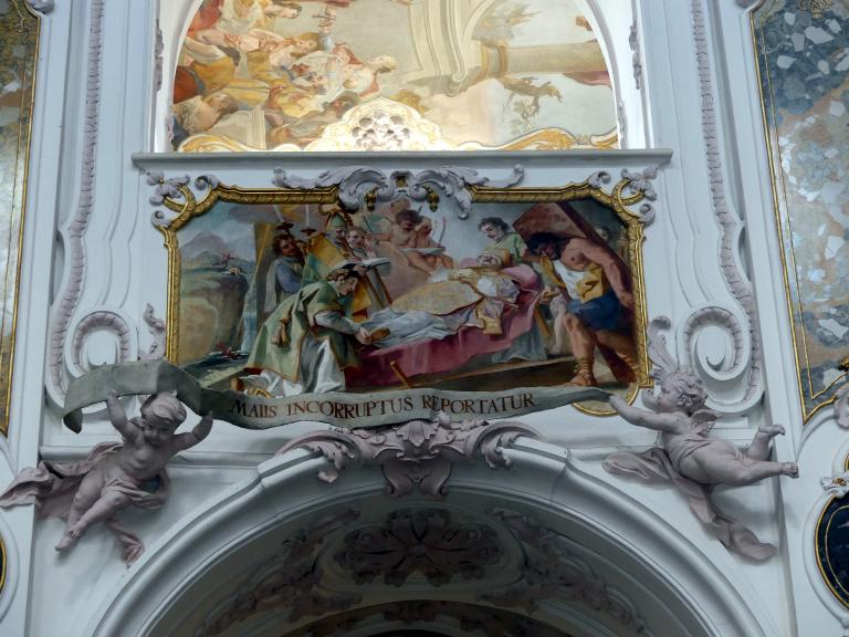 Cosmas Damian Asam (1713–1738), Fresko Die Tugenden des Hl. Korbinian an der Westpartie des Mittelschiffgewölbes, Freising, Dom St. Maria und St. Korbinian, 1723–1724, Bild 8/12