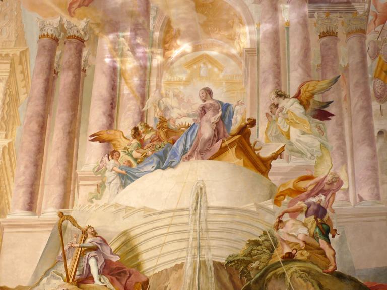 Cosmas Damian Asam (1713–1738), Deckenfresko Mysterium der Menschwerdung Christi, Ingolstadt, Asamkirche (Kongregationssaal Maria de Victoria, seit 1807 Kirche), 1734, Bild 16/22
