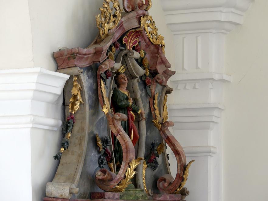 Johann Joseph Christian (1727–1777), Skulpturen hl. Johannes der Täufer, hl. Sebastian, hl. Johannes Evangelist, hl. Apollonia, hl. Vitus, Mater Dolorosa, Feldhausen (Gammertingen), Pfarrkirche St. Nikolaus, 1745, Bild 28/29