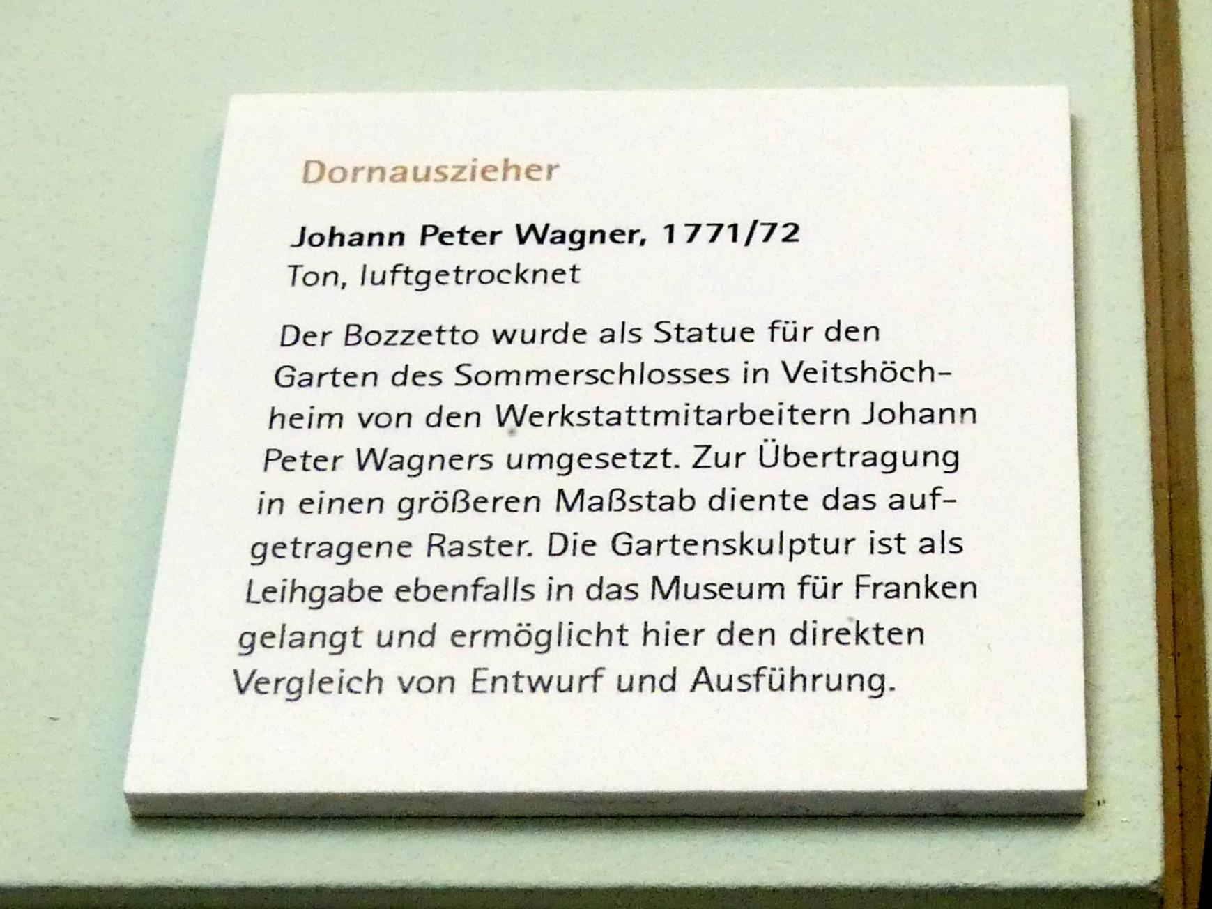 Johann Peter Wagner (1755–1797), Bozzetto Dornauszieher zu der Statue in der östlichen Dreieckzone des Gartens des Sommerschlosses Veitshöchheim, Veitshöchheim, Schloss Veitshöchheim, Hofgarten, jetzt Würzburg, Museum für Franken (ehem. Mainfränkisches Museum), Bozzetti-Sammlung, 1771–1772, Bild 2/2