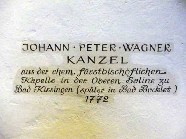 Johann Peter Wagner (1755–1797), Kanzel aus der fürstbischöflichen Kapelle der Saline bei Bad Kissingen, Bad Kissingen, Obere Saline, fürstbischöfliche Salinenkirche, jetzt Würzburg, Museum für Franken (ehem. Mainfränkisches Museum), 1772, Bild 2/2
