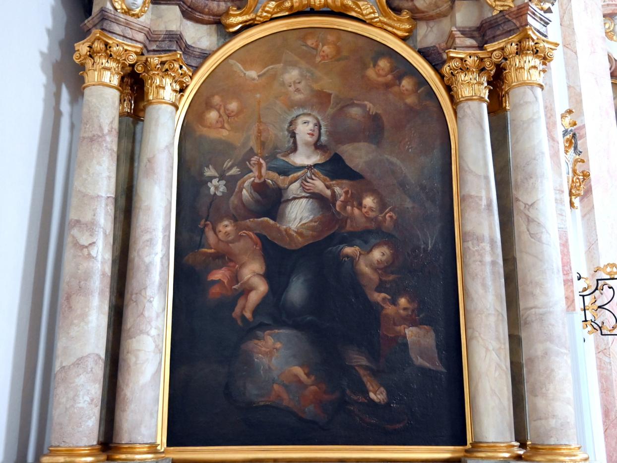 Johann Gebhard (1704–1751), Gemälde in der Nische links vom südlichen Hauptaltar "Maria Immakulata" (Zuschreibung), Waldsassen, Zisterzienserinnenabtei, Wallfahrtskirche der Heiligsten Dreifaltigkeit (Kappel), 1716
