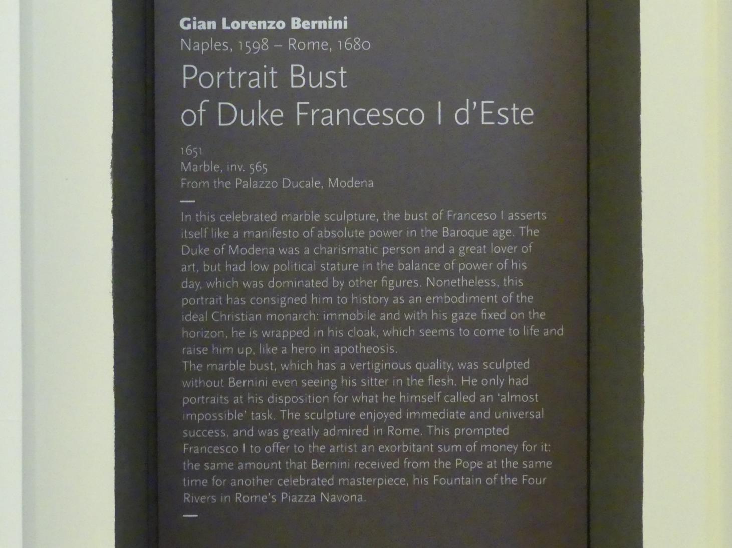 Gian Lorenzo Bernini (1614–1679), Büste des Francesco I. d’Este, Modena, Galleria Estense, Saal 1, 1651, Bild 9/9
