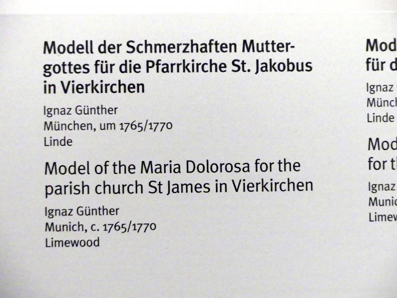 Ignaz Günther (1751–1775), Modell der Schmerzhaften Muttergottes für die Pfarrkirche St. Jakobus in Vierkirchen, Vierkirchen, Pfarrkirche St. Jakobus d.Ä., jetzt München, Bayerisches Nationalmuseum, Saal 42, um 1765–1770, Bild 2/2