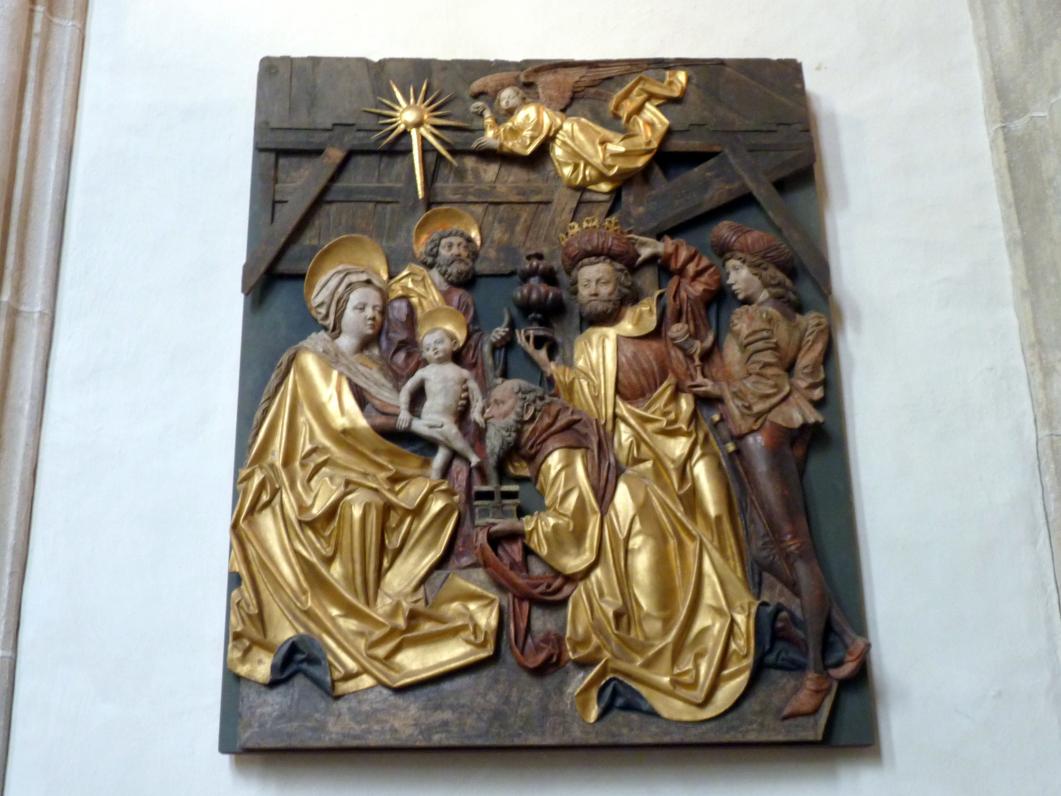 Michael Pacher (1461–1497), Grieser Altar, Flügelreliefs: Verkündigung an Maria und Anbetung der Könige, Bozen-Gries, Alte Pfarrkirche Unsere Liebe Frau, 1471–1475, Bild 1/2