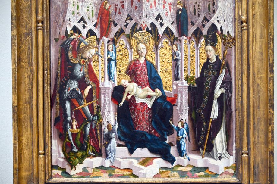 Michael Pacher (1461–1497), Thronende Madonna zwischen dem Hl. Michael und einem hl. Bischof, London, National Gallery, Saal 65, 1480–1490, Bild 2/3