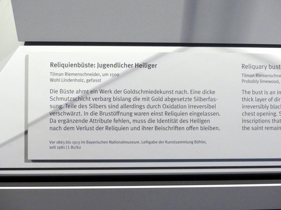 Tilman Riemenschneider (1487–1523), Reliquienbüste: Jugendlicher Heiliger, München, Bayerisches Nationalmuseum, um 1500, Bild 2/2