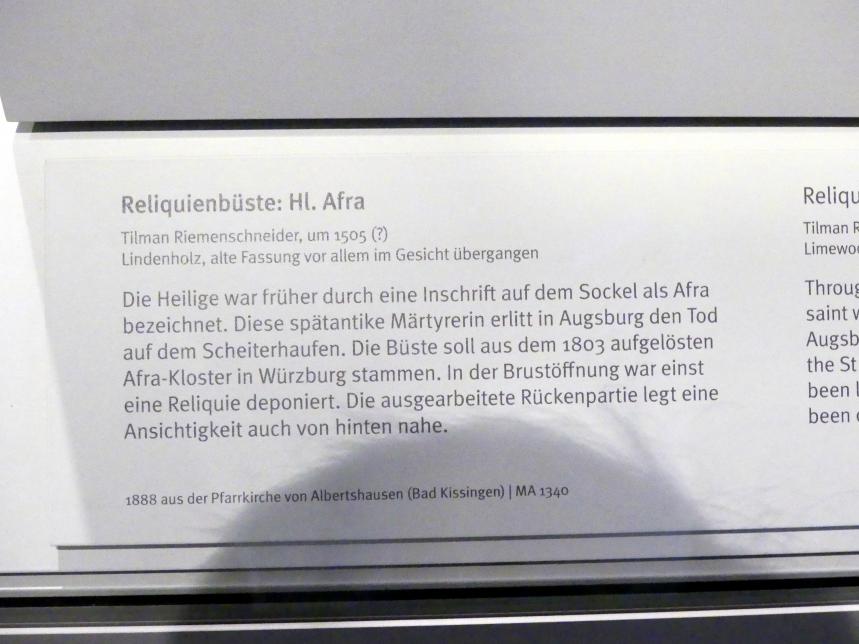 Tilman Riemenschneider (1487–1523), Reliquienbüste Hl. Afra, Würzburg, ehem. Benediktinerinnenkloster St. Afra, jetzt München, Bayerisches Nationalmuseum, Saal 16, um 1505, Bild 6/6