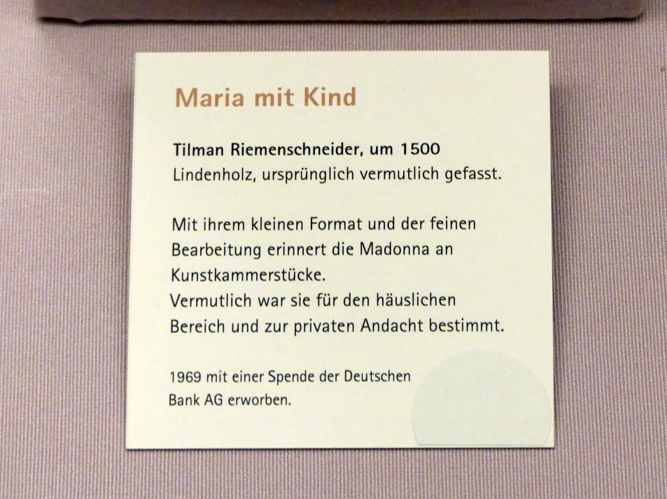 Tilman Riemenschneider (1487–1523), Maria mit Kind, Würzburg, Museum für Franken (ehem. Mainfränkisches Museum), Riemenschneider-Saal, um 1500, Bild 2/2
