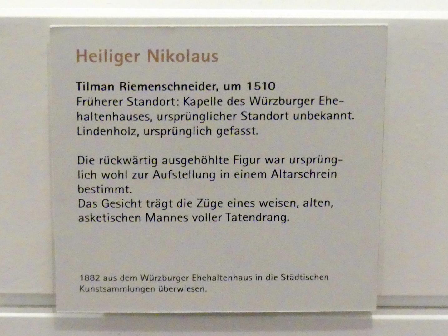 Tilman Riemenschneider (1487–1523), Hl. Nikolaus, Würzburg, Museum für Franken (ehem. Mainfränkisches Museum), Riemenschneider-Saal, um 1510, Bild 2/2