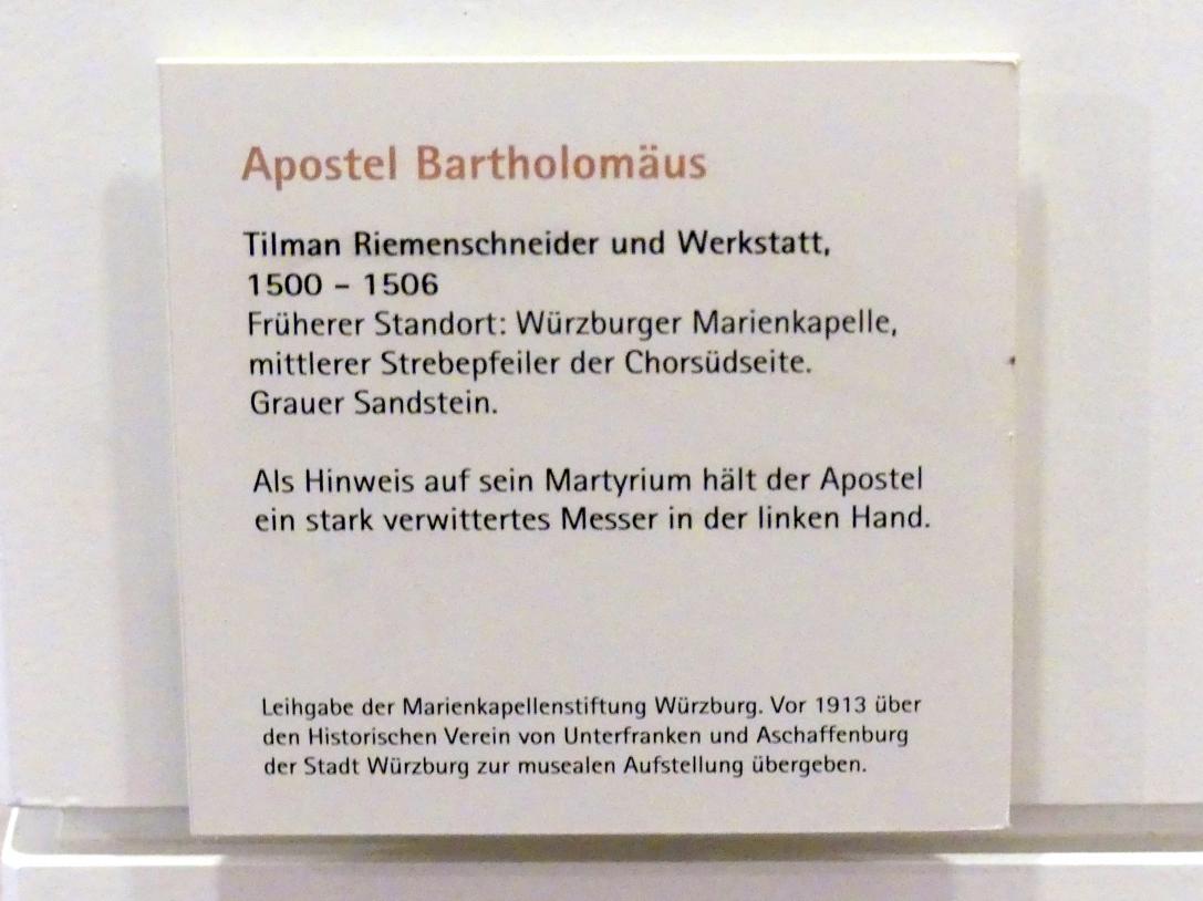 Tilman Riemenschneider (1487–1523), Apostel Bartholomäus, Würzburg, Marienkapelle, jetzt Würzburg, Museum für Franken (ehem. Mainfränkisches Museum), Riemenschneider-Saal, 1500–1506, Bild 2/2