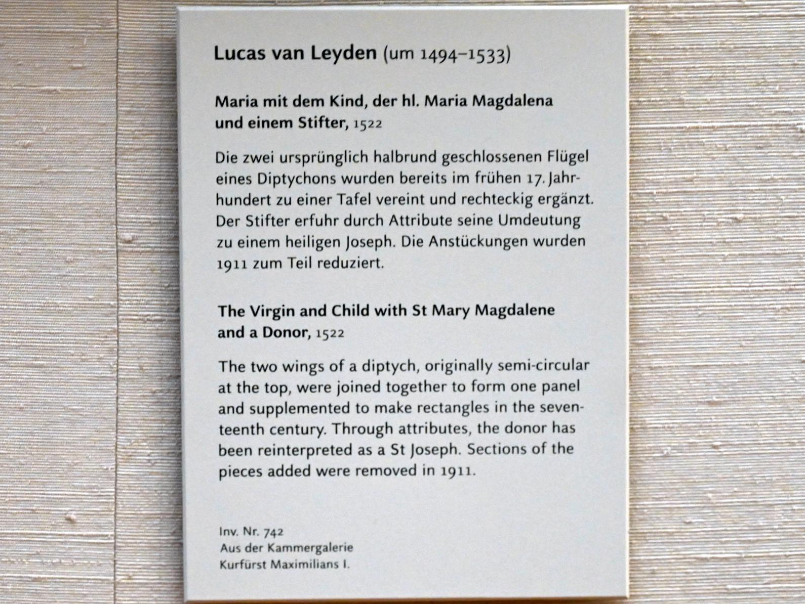 Lucas van Leyden (1509–1522), Maria mit dem Kind, der hl. Maria Magdalena und einem Stifter, München, Alte Pinakothek, Obergeschoss Saal IIa, 1522, Bild 2/2