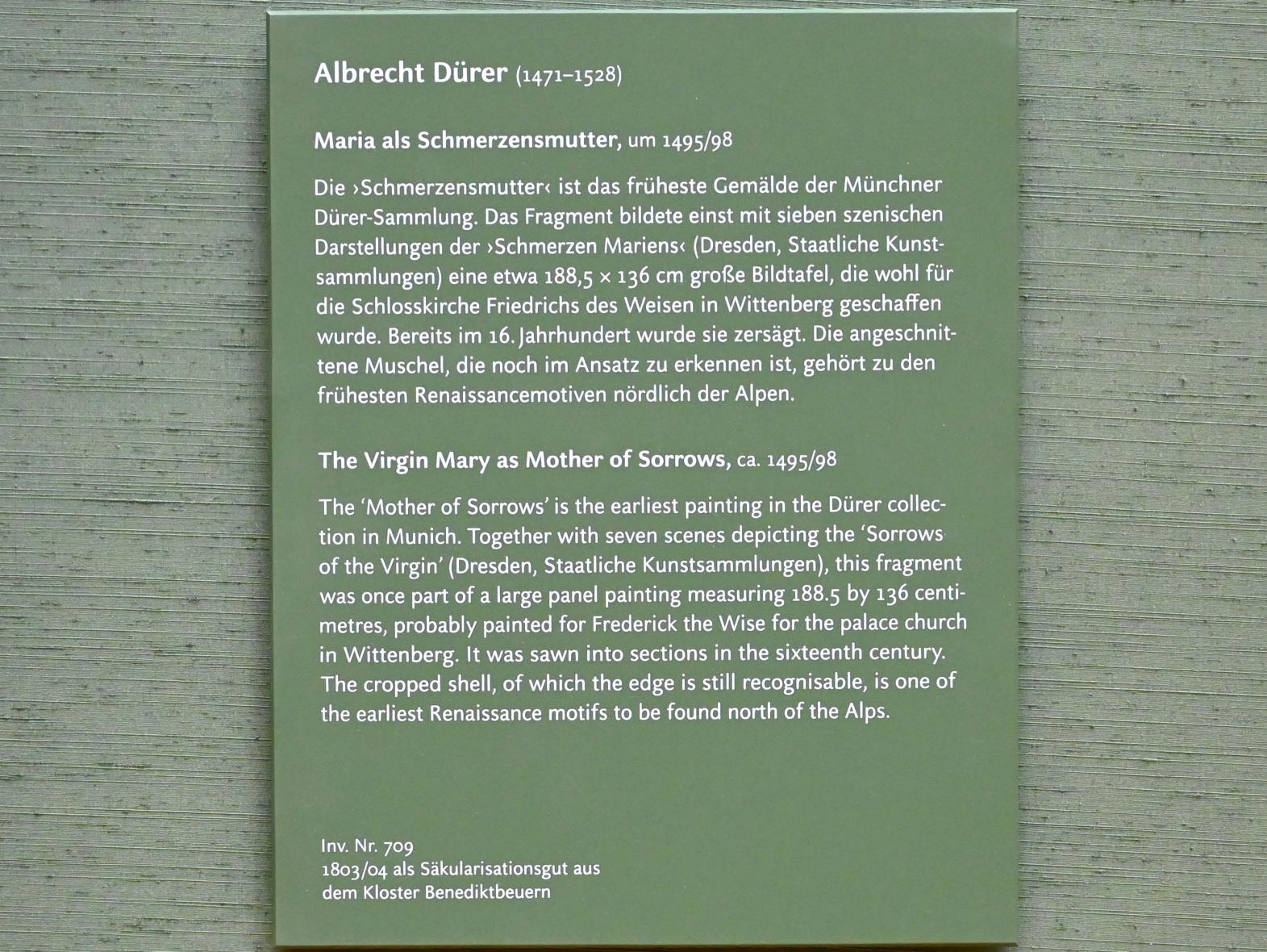 Albrecht Dürer (1490–1526), Maria als Schmerzensmutter, Lutherstadt Wittenberg, Schlosskirche, jetzt München, Alte Pinakothek, Obergeschoss Saal II, um 1495–1498, Bild 2/2