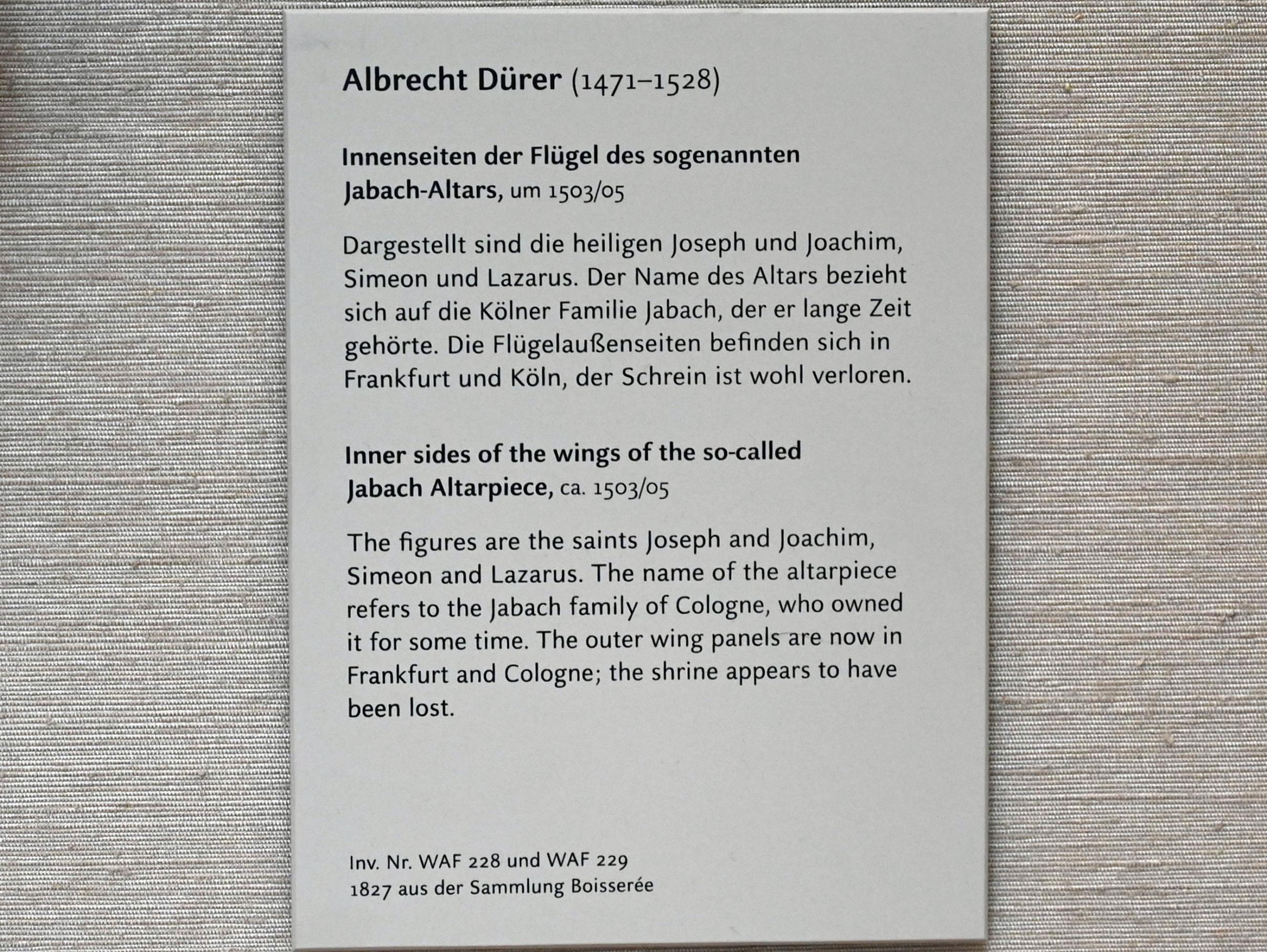 Albrecht Dürer (1490–1526), Innenseiten der Flügel des sogenannten Jabach-Altars, München, Alte Pinakothek, Obergeschoss Saal IIb, 1503–1505, Bild 2/2