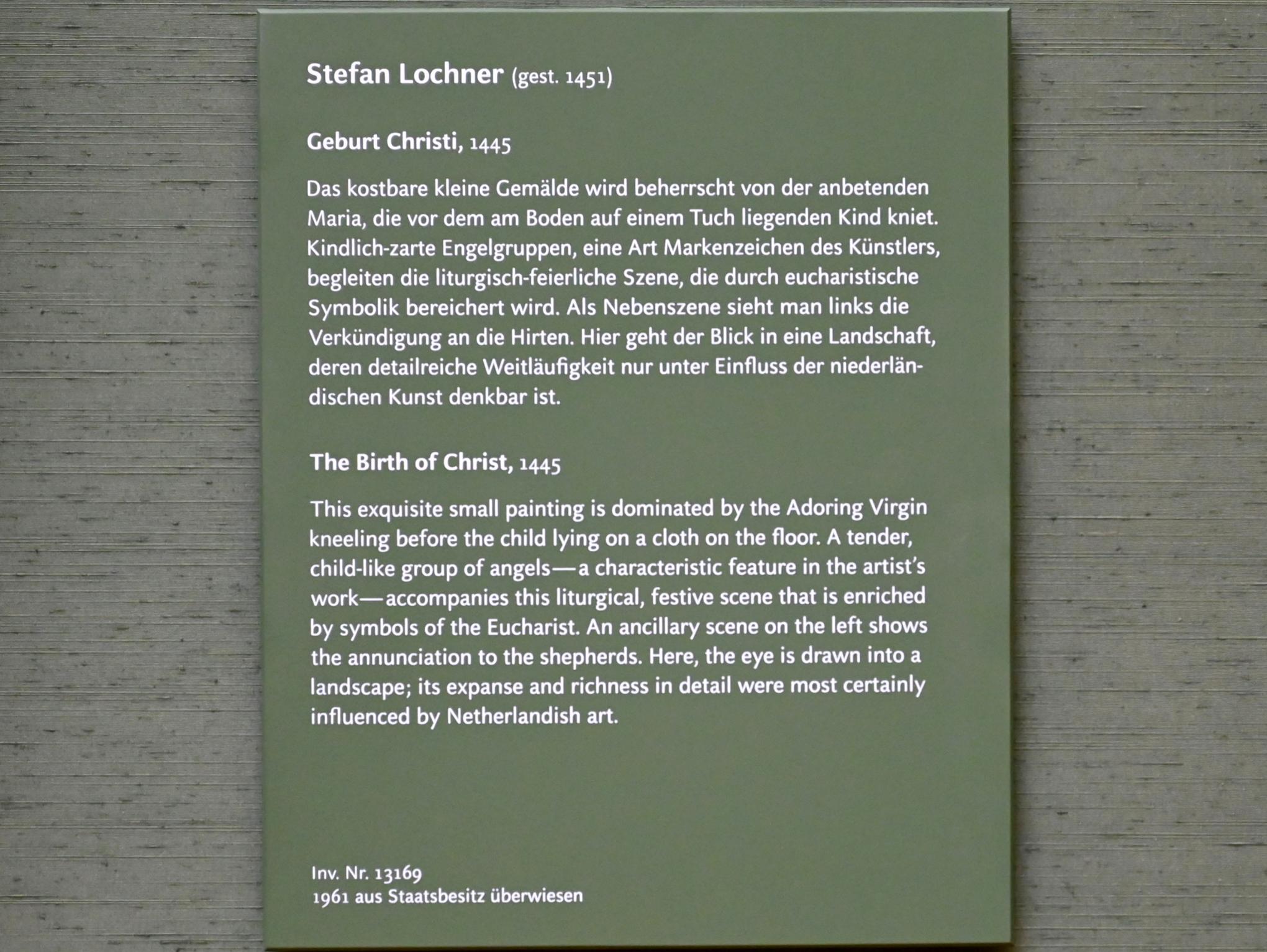 Stefan Lochner (Stephan Lochner) (1435–1450), Geburt Christi, München, Alte Pinakothek, Obergeschoss Saal III, 1445, Bild 2/2