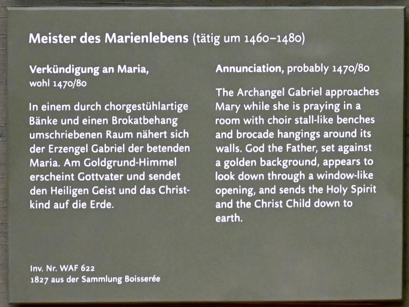 Meister des Marienlebens (1467–1480), Verkündigung an Maria, Köln, St. Ursula, Basilica minor, jetzt München, Alte Pinakothek, Obergeschoss Saal III, um 1470–1480, Bild 2/3